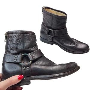 Frye Phillip Harness Distressed Dark Brown Leather Moto Ankle Boots Size 6.5